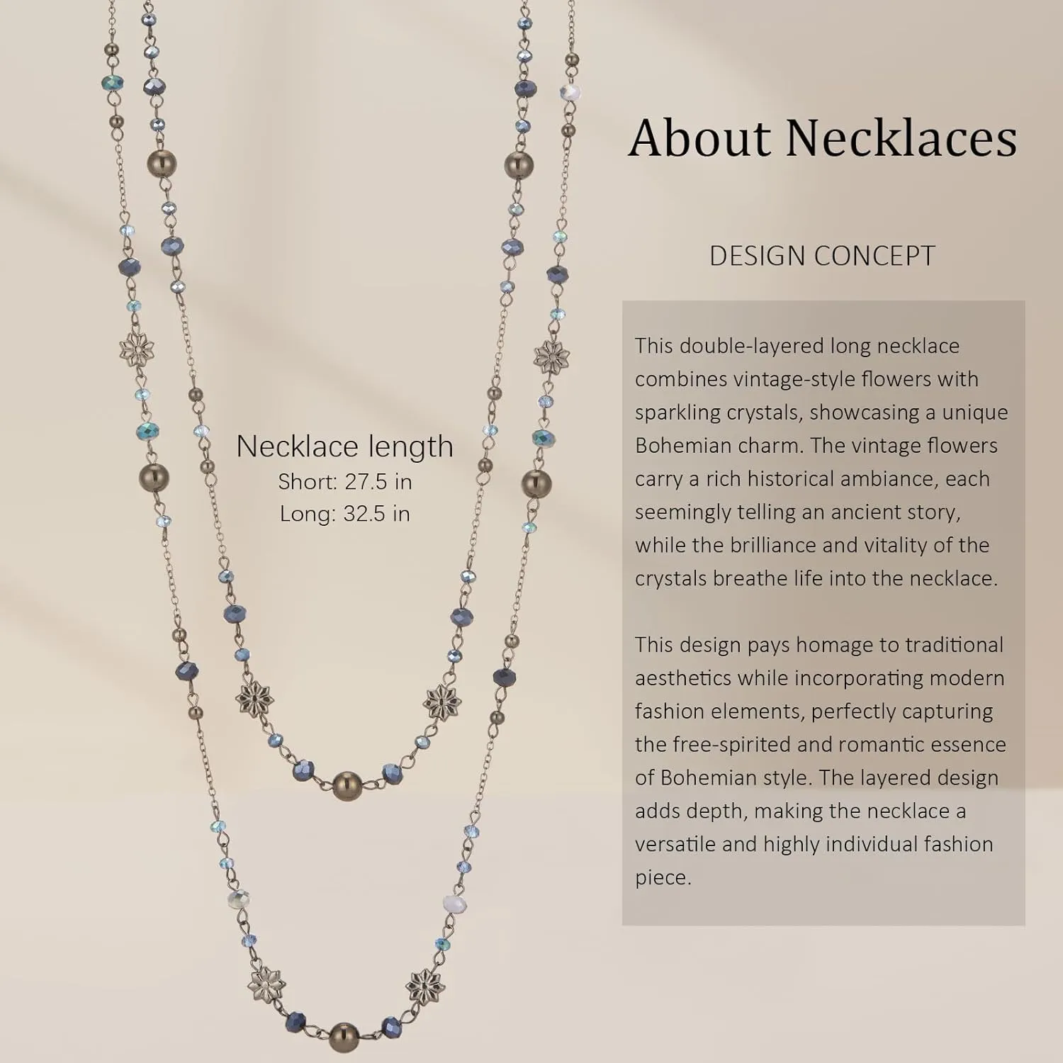 Noessla Layered Long Necklaces for Women Silver Black Beaded Necklace Vintage Flower Costume Jewelry Birthday Gifts for Women