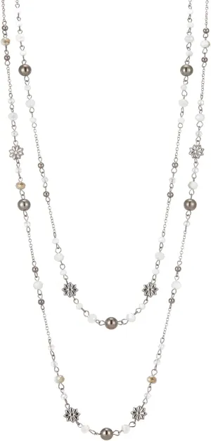 Noessla Layered Long Necklaces for Women Silver Black Beaded Necklace Vintage Flower Costume Jewelry Birthday Gifts for Women