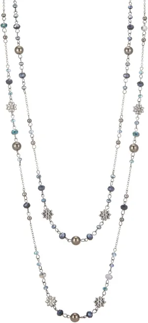 Noessla Layered Long Necklaces for Women Silver Black Beaded Necklace Vintage Flower Costume Jewelry Birthday Gifts for Women