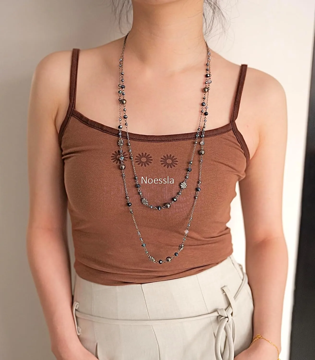 Noessla Layered Long Necklaces for Women Silver Black Beaded Necklace Vintage Flower Costume Jewelry Birthday Gifts for Women