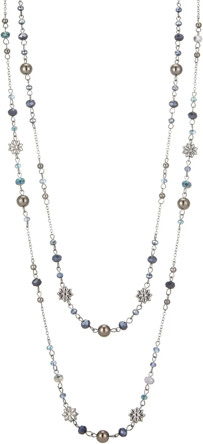 Noessla Layered Long Necklaces for Women Silver Black Beaded Necklace Vintage Flower Costume Jewelry Birthday Gifts for Women