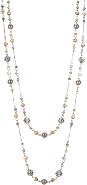 Noessla Layered Long Necklaces for Women Silver Black Beaded Necklace Vintage Flower Costume Jewelry Birthday Gifts for Women