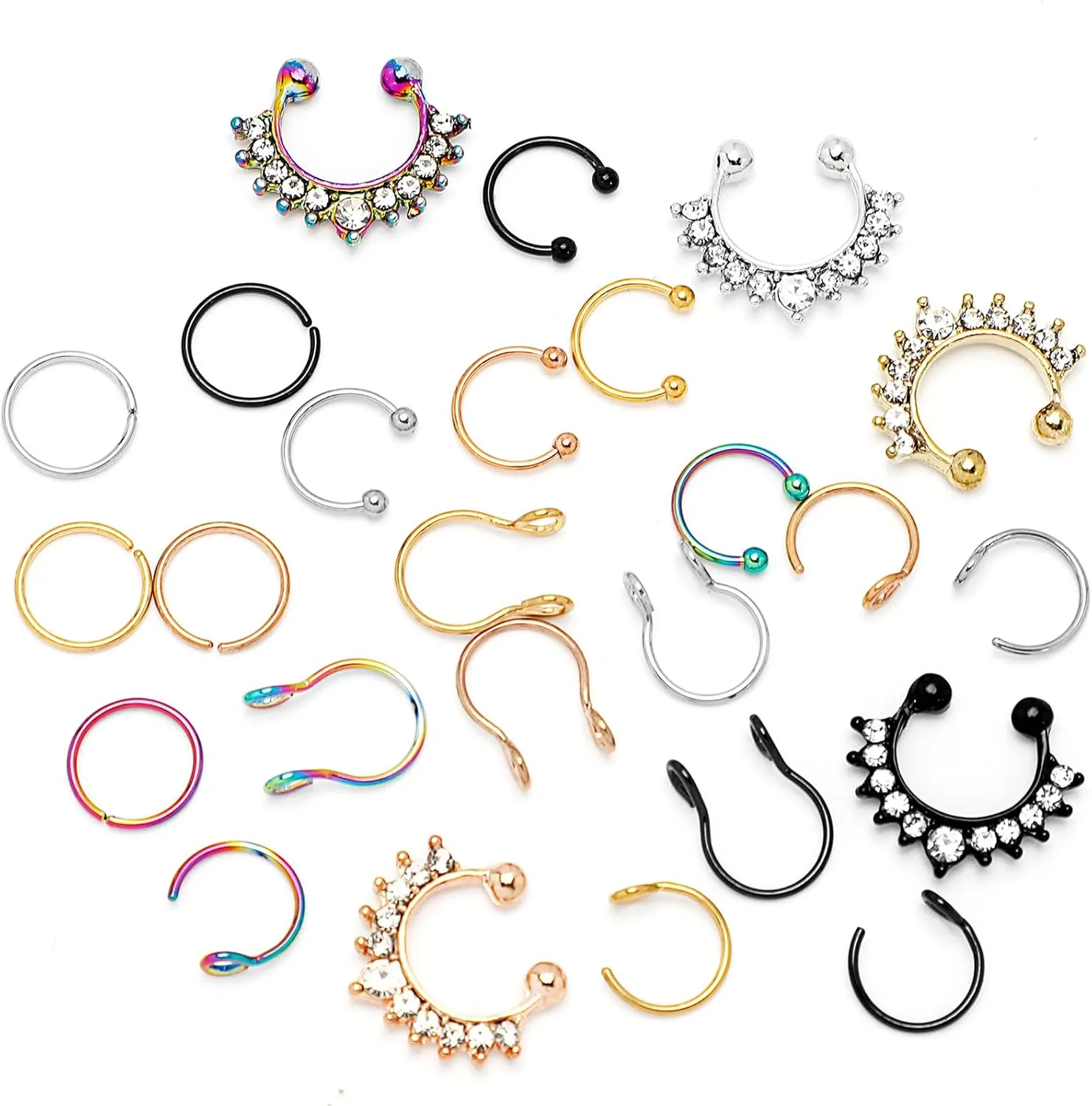 Nose Ring, 25pcs Stainless Steel Faux Jewelry, No Piercing Required, Modern Style, 20G Gauge, 0.1 Pound