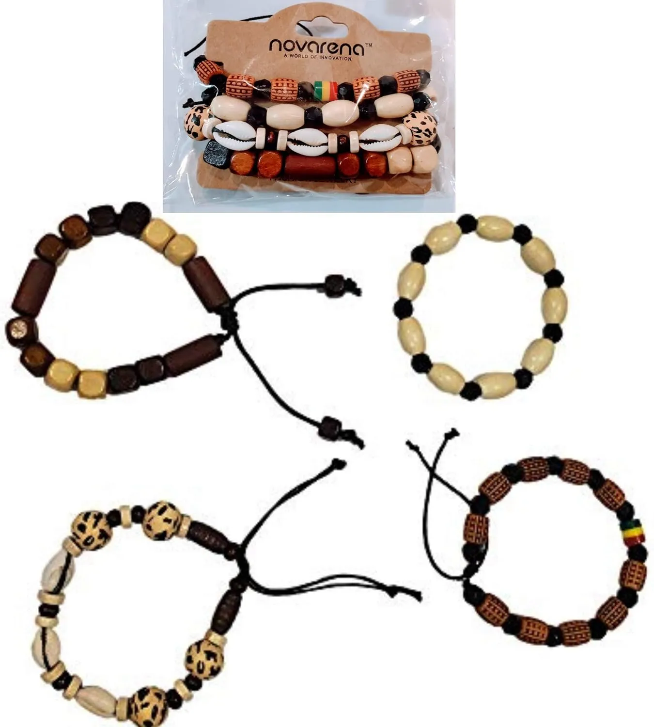 Novarena 1-24 Pcs Adjustable Length African Bracelets and Necklaces for Men Women Beaded Bracelets Multi Layer Ethnic Tribal Traditional