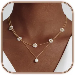 OGD Gold Pearl Necklaces Set for Women 14K Gold Plated Dainty Layered Pearl Cute Daisy Pearl Choker Gold Necklace Gifts for Women Gold Trendy Jewelry Gifts