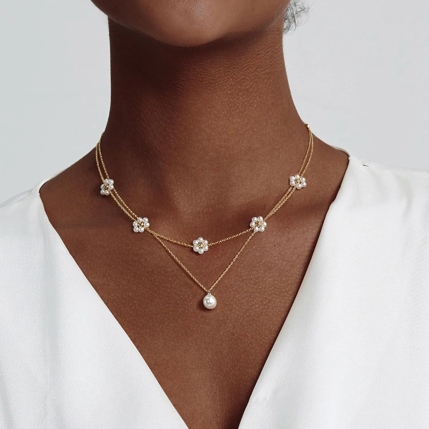 OGD Gold Pearl Necklaces Set for Women 14K Gold Plated Dainty Layered Pearl Cute Daisy Pearl Choker Gold Necklace Gifts for Women Gold Trendy Jewelry Gifts