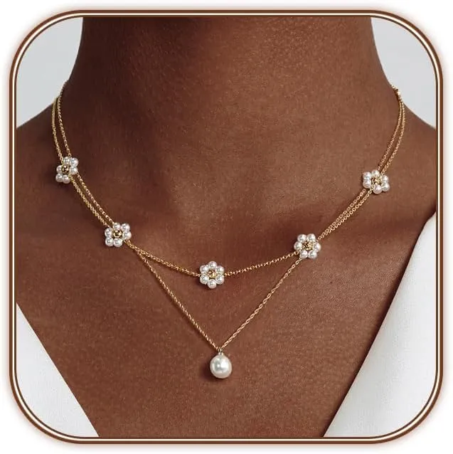 OGD Gold Pearl Necklaces Set for Women 14K Gold Plated Dainty Layered Pearl Cute Daisy Pearl Choker Gold Necklace Gifts for Women Gold Trendy Jewelry Gifts