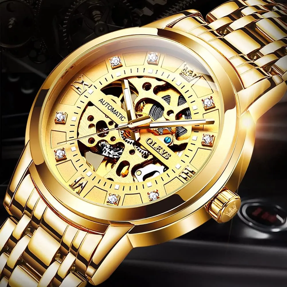 OLEVS Men's Automatic Watch, Luxury Skeleton Large Face Roman Numerals Self Winding Watch, Gold Silver Stainless Steel Watches for Men