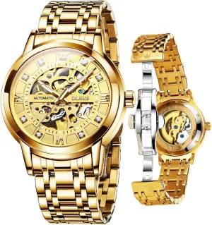 OLEVS Men's Automatic Watch, Luxury Skeleton Large Face Roman Numerals Self Winding Watch, Gold Silver Stainless Steel Watches for Men