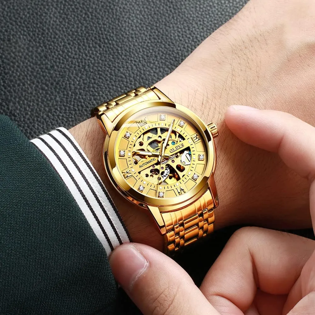 OLEVS Men's Automatic Watch, Luxury Skeleton Large Face Roman Numerals Self Winding Watch, Gold Silver Stainless Steel Watches for Men