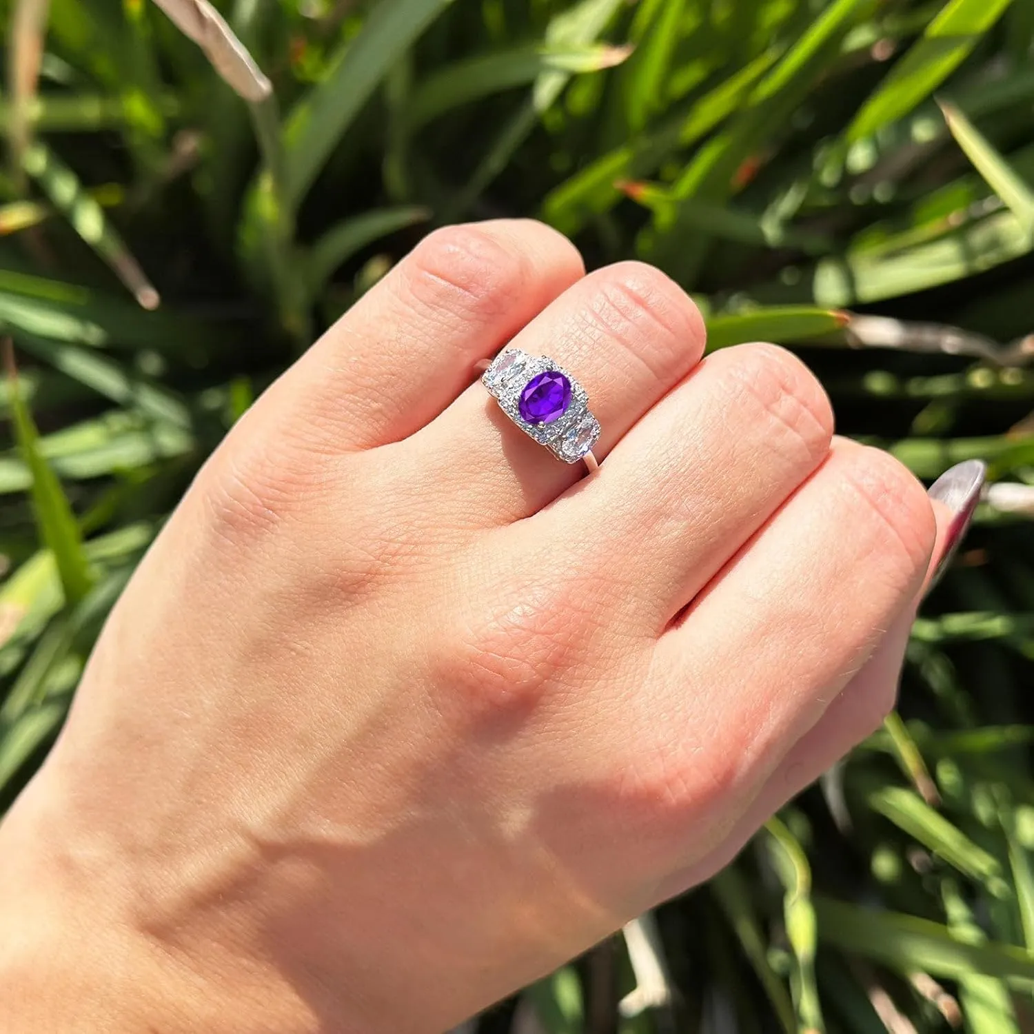 OMRANII Art Deco Three Stone Oval Natural Amethyst Trio Ring Vintage Style Halo CZ Trellis Engagement Rings For Her 925 Sterling Silver Wedding Gift For Women