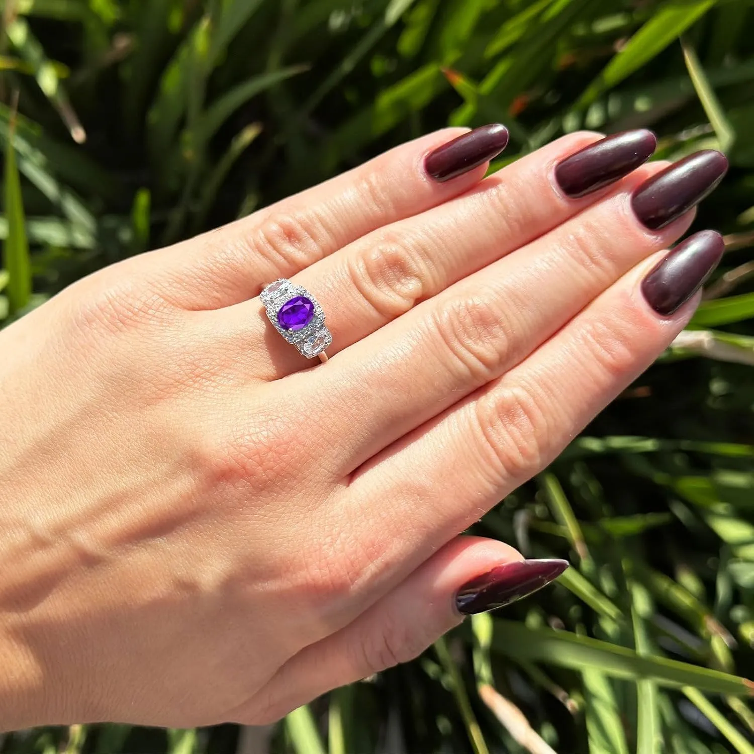 OMRANII Art Deco Three Stone Oval Natural Amethyst Trio Ring Vintage Style Halo CZ Trellis Engagement Rings For Her 925 Sterling Silver Wedding Gift For Women