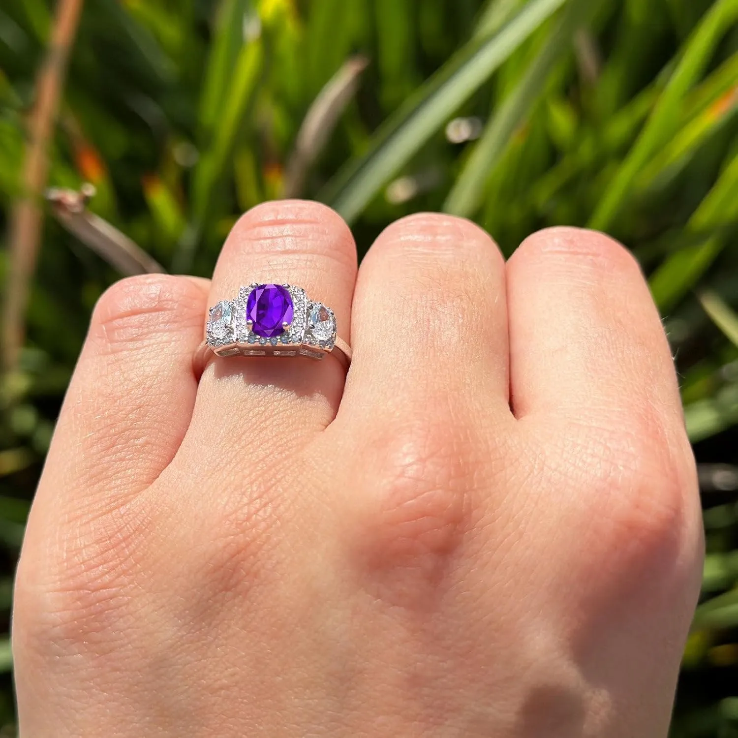 OMRANII Art Deco Three Stone Oval Natural Amethyst Trio Ring Vintage Style Halo CZ Trellis Engagement Rings For Her 925 Sterling Silver Wedding Gift For Women