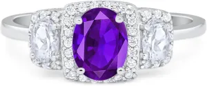 OMRANII Art Deco Three Stone Oval Natural Amethyst Trio Ring Vintage Style Halo CZ Trellis Engagement Rings For Her 925 Sterling Silver Wedding Gift For Women