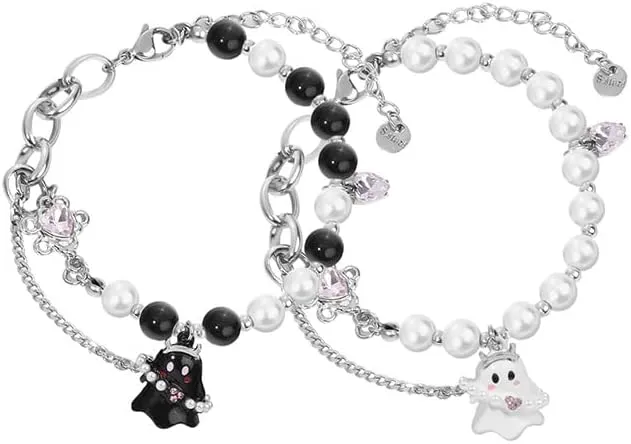 ONLYJUMP 2Pcs Halloween Ghost Heart Bead Bracelet Set for Women Men Cute Love Heart Couple Matching Bracelet Adjustable Lover Friend Friendship Jewelry Gift
