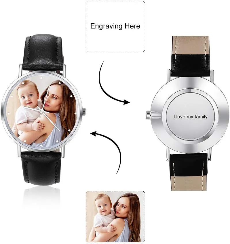 OPALSTOCK Personalized Watch Engraved Words Photo Wrist Watches Leather Strap Handmade Couple Watch Customized Father's Mother's Groom Gift