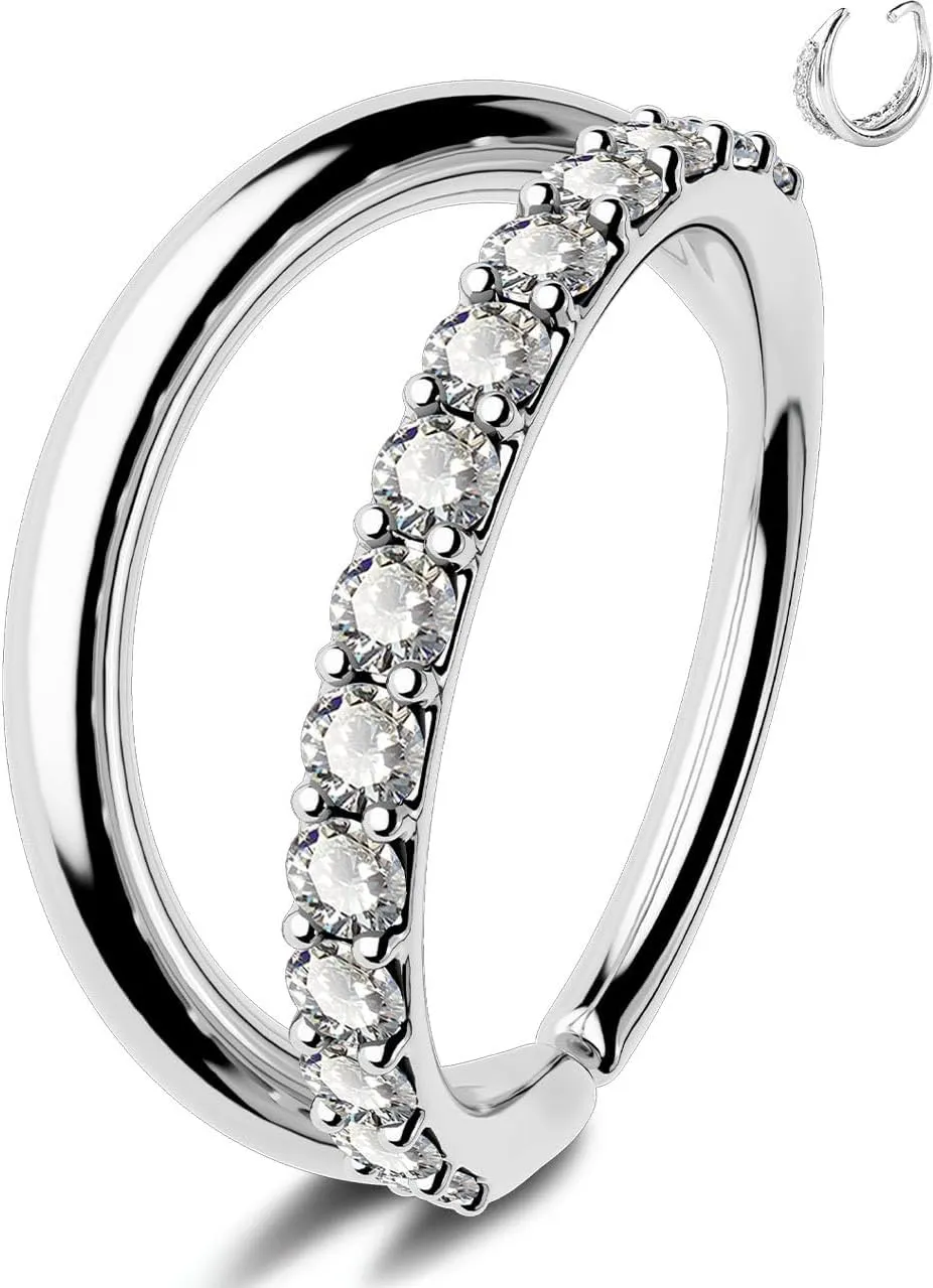OUFER Nose Rings 20G, Clear CZ Double Hoops Nose Rings Silver, Cute Seamless Open Stainless Steel Nose Rings Hoops Nose Nostril Piercing Jewelry, Unique Nose Rings for Women