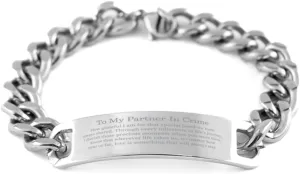 Partner In Crime Cuban Chain Stainless Steel Bracelet - Engraved Love and Friendship Jewelry for Birthday, Christmas, and Graduation Celebration - Unique Gifts for Him or Her