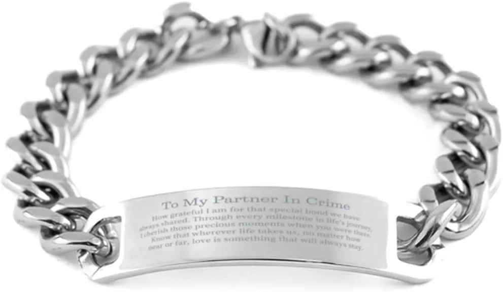 Partner In Crime Cuban Chain Stainless Steel Bracelet - Engraved Love and Friendship Jewelry for Birthday, Christmas, and Graduation Celebration - Unique Gifts for Him or Her
