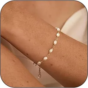Pearl Bracelets for Women Handmade Beaded Bracelet Dainty 14k Gold Plated Chain Layered Pearl Bracelet Pearls Jewelry for Women Wedding Gifts for Brides Bridesmaid Prom Birthday Gift for Her
