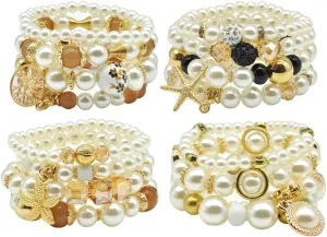 Pearl Charm Bracelet Set - 4 Sets Stackable Bracelets for Women, Multi Layer Beaded Statement Stretch Lovely Charm Bangles Tree of Life, Starfish