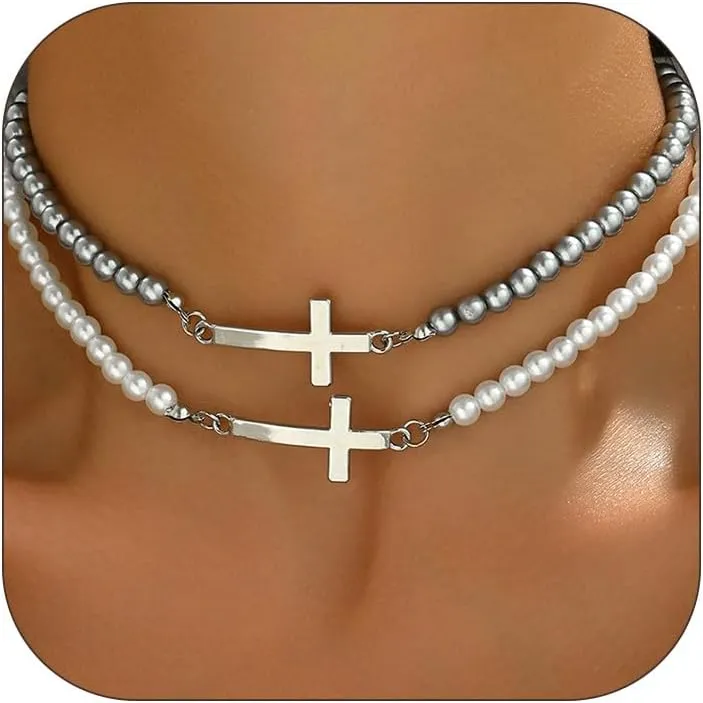 Pearl Cross Necklace for Women Freshwater Natural Chunky Baroque Pearl Necklaces Big Gold Cross Necklace Pearl Christian Gifts for Women Men Trendy Jewelry Stainless Steel Chain Necklace
