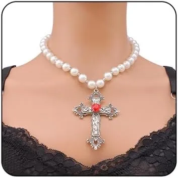 Pearl Cross Necklace for Women Gothic Red Crystal Cross Pendant Necklace Vintage Chunky Pearl Choker Necklace Punk Y2k Charm Necklace Dark Style Halloween Birthday Party Costume Ball Jewelry