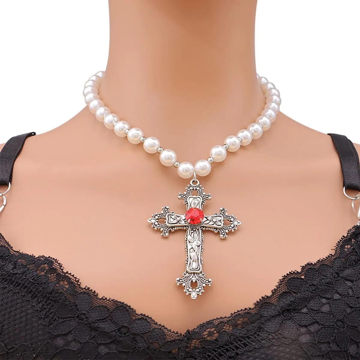 Pearl Cross Necklace for Women Gothic Red Crystal Cross Pendant Necklace Vintage Chunky Pearl Choker Necklace Punk Y2k Charm Necklace Dark Style Halloween Birthday Party Costume Ball Jewelry