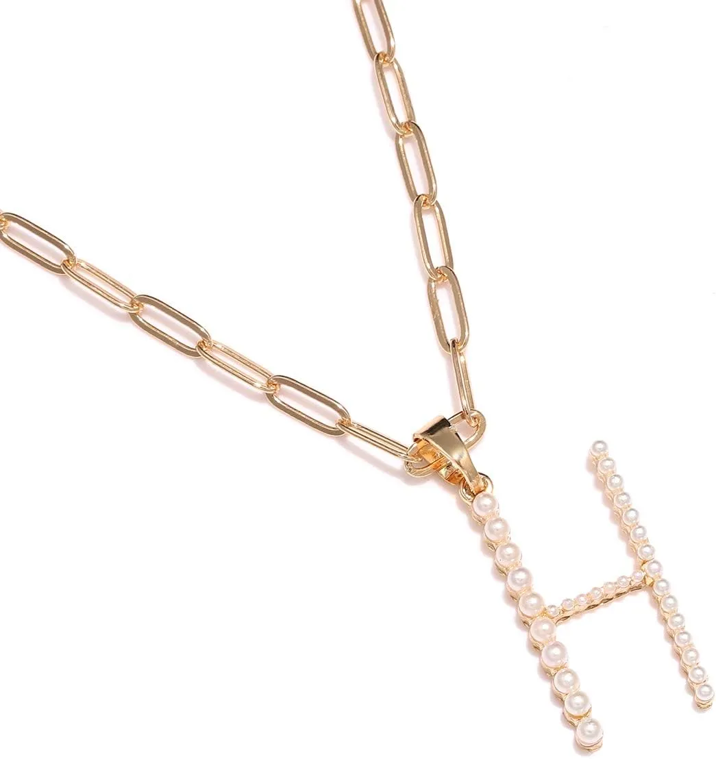 Pearl Initial Necklace Personalized 18K Gold Plated Paperclip Chain Letter Choker Necklaces for Women Alphabet Pendant Necklace Anniversary Birthday Gift for Women