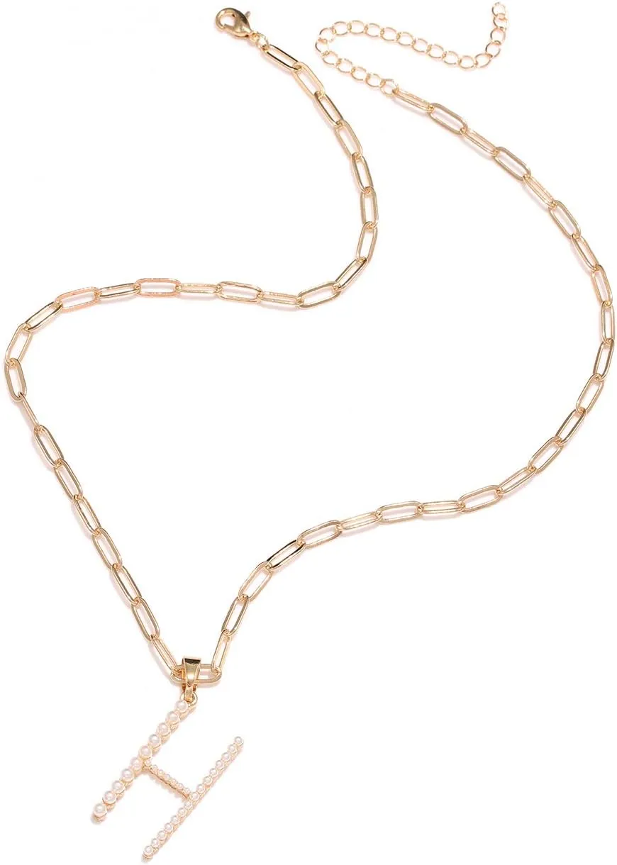 Pearl Initial Necklace Personalized 18K Gold Plated Paperclip Chain Letter Choker Necklaces for Women Alphabet Pendant Necklace Anniversary Birthday Gift for Women