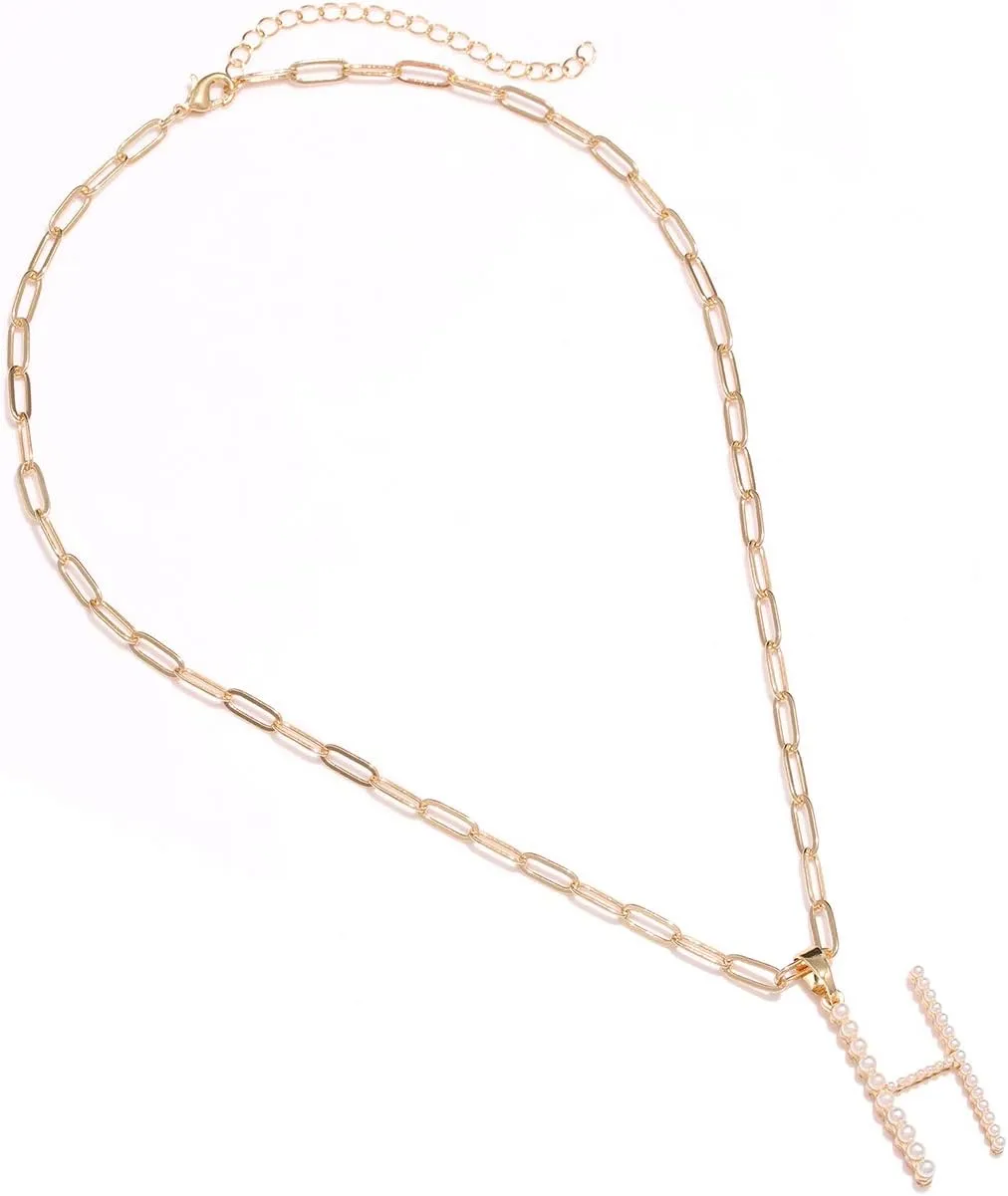 Pearl Initial Necklace Personalized 18K Gold Plated Paperclip Chain Letter Choker Necklaces for Women Alphabet Pendant Necklace Anniversary Birthday Gift for Women
