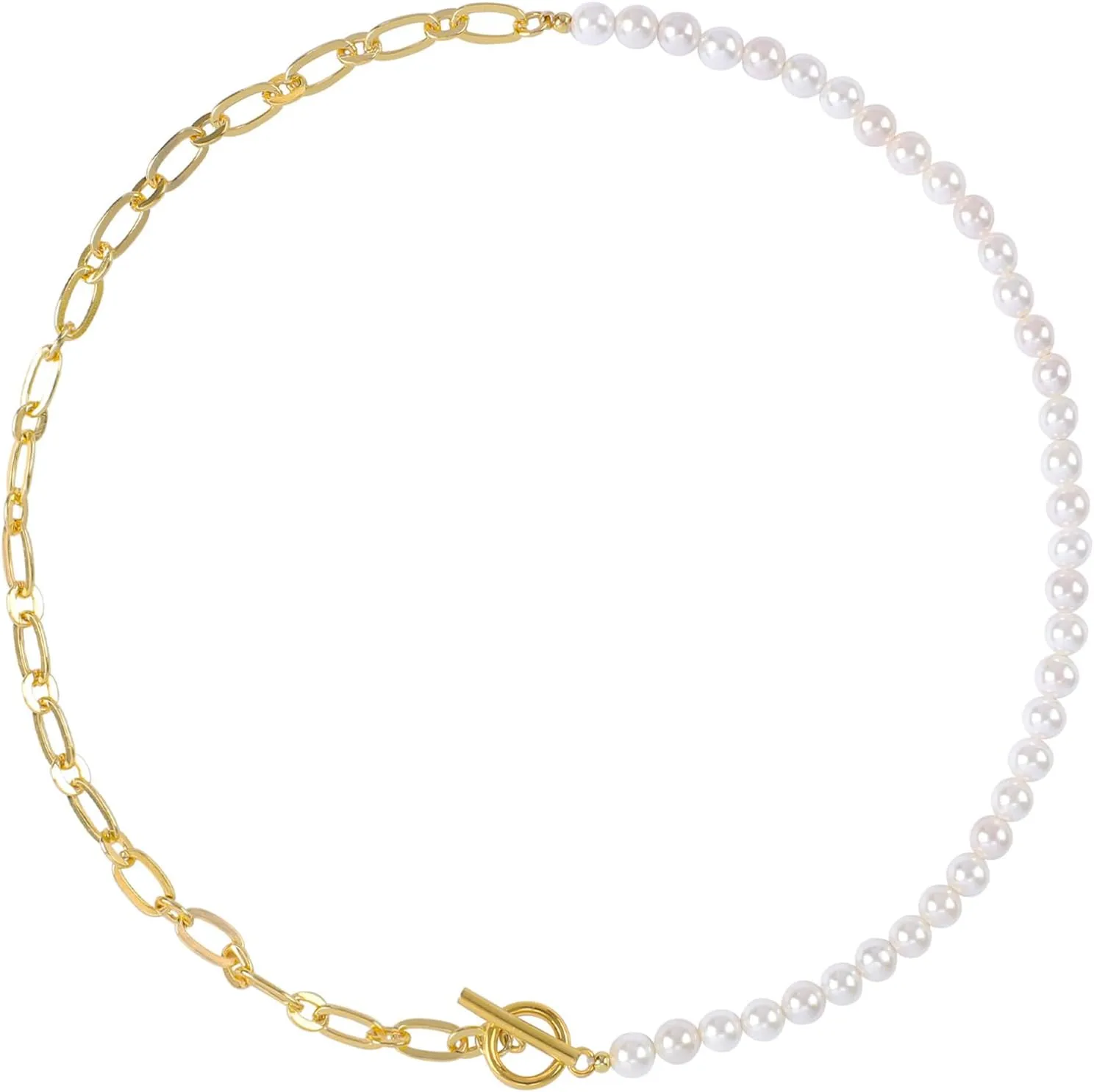Pearl Necklace for Women Girls, Paper Clip Half Link Cross Disco Ball Pearl Chain Necklaces, Pearl Choker Chunky Necklace Dainty Pearl Chain OT Necklace Fashion Trendy Jewelry Birthday Gifts for Her