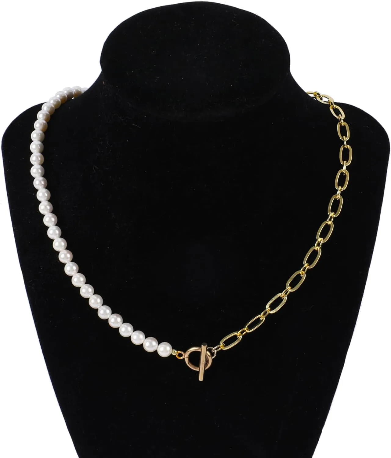 Pearl Necklace for Women Girls, Paper Clip Half Link Cross Disco Ball Pearl Chain Necklaces, Pearl Choker Chunky Necklace Dainty Pearl Chain OT Necklace Fashion Trendy Jewelry Birthday Gifts for Her