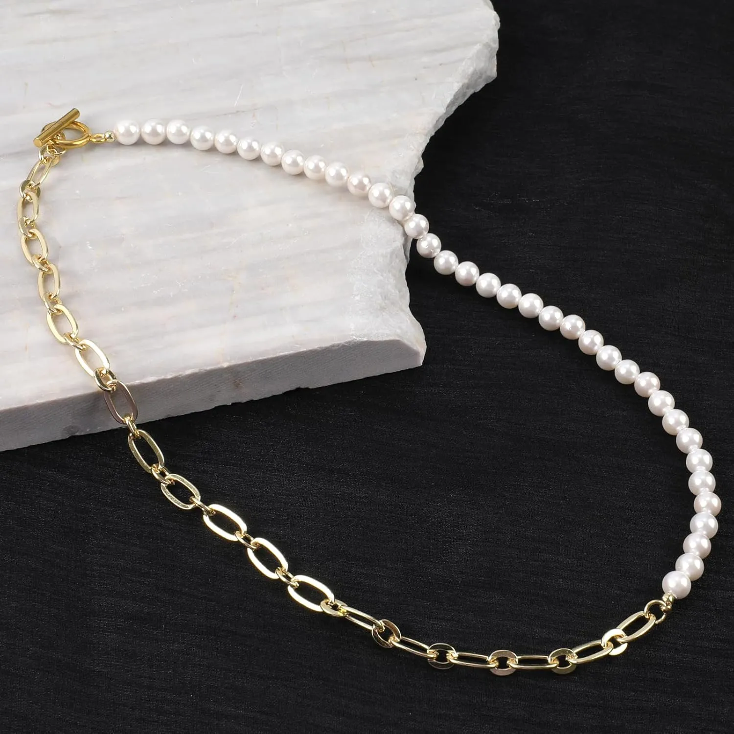 Pearl Necklace for Women Girls, Paper Clip Half Link Cross Disco Ball Pearl Chain Necklaces, Pearl Choker Chunky Necklace Dainty Pearl Chain OT Necklace Fashion Trendy Jewelry Birthday Gifts for Her