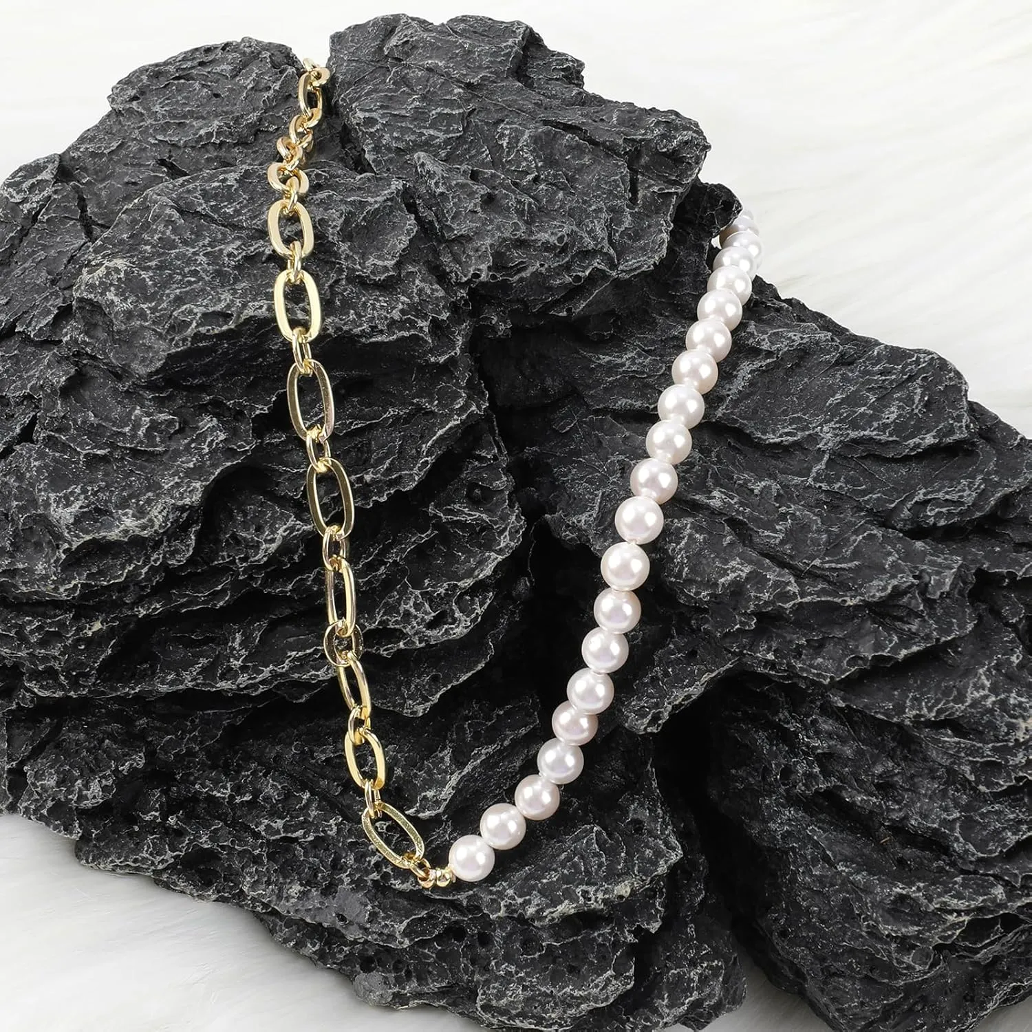 Pearl Necklace for Women Girls, Paper Clip Half Link Cross Disco Ball Pearl Chain Necklaces, Pearl Choker Chunky Necklace Dainty Pearl Chain OT Necklace Fashion Trendy Jewelry Birthday Gifts for Her