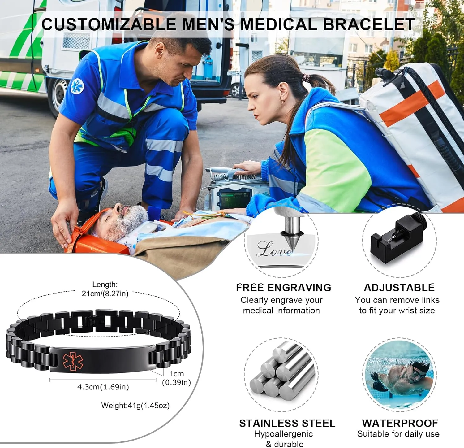 Personalized Medical Alert Bracelets for Men-Stainless Steel Waterproof Medical ID Bracelets Customizable Medic Info, Medic Life Alert Bracelet Wristband Jewelry for Diabetic Epilepsy Allergy