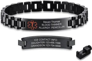 Personalized Medical Alert Bracelets for Men-Stainless Steel Waterproof Medical ID Bracelets Customizable Medic Info, Medic Life Alert Bracelet Wristband Jewelry for Diabetic Epilepsy Allergy