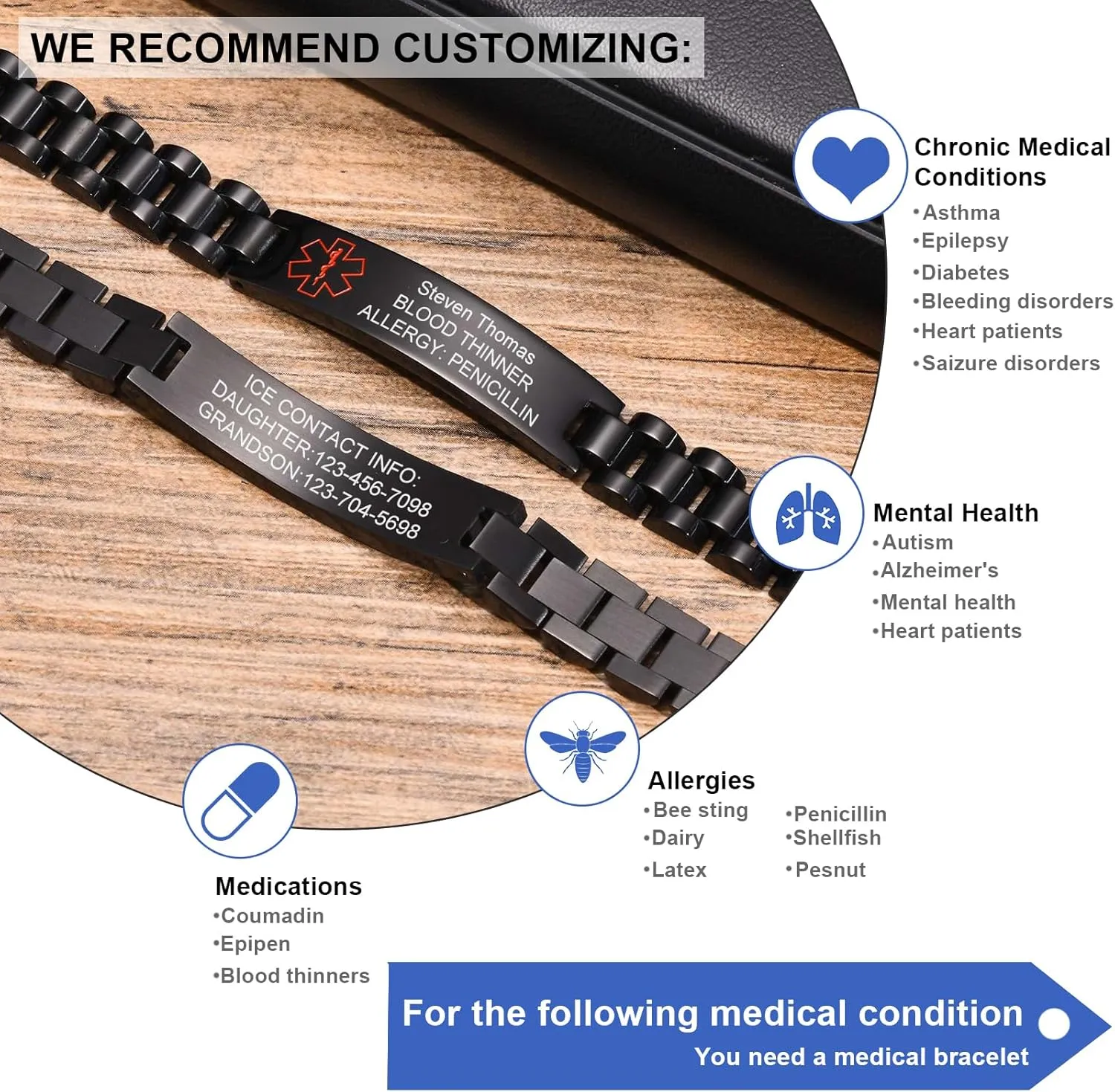 Personalized Medical Alert Bracelets for Men-Stainless Steel Waterproof Medical ID Bracelets Customizable Medic Info, Medic Life Alert Bracelet Wristband Jewelry for Diabetic Epilepsy Allergy
