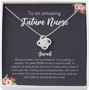 Personalized Nurse Necklace Silver Plated Love Knot Mahogany - to an Amazing Future Nurse - Custom Name Graduate for Registered Nurse RN CRNA