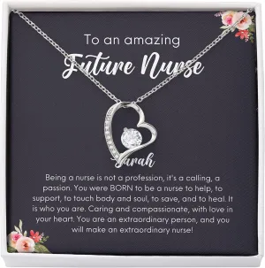 Personalized Nurse Necklace Silver Plated Luxury Heart - to an Amazing Future Nurse - Custom Name Graduate for Registered Nurse RN CRNA