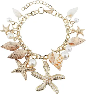 PH PandaHall Fashion Sea Shell Starfish Bracelets Pearl Charm Bracelets Golden Shell Beads Bracelets Mermaid Costume Jewelry for Halloween Women Adjustable Hawaiian Jamaican Ankle Bracelets Jewelry