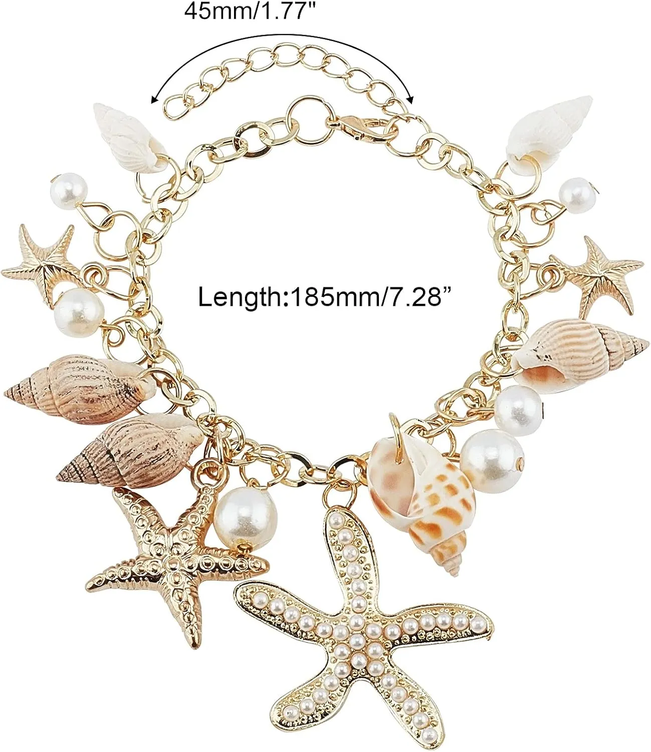 PH PandaHall Fashion Sea Shell Starfish Bracelets Pearl Charm Bracelets Golden Shell Beads Bracelets Mermaid Costume Jewelry for Halloween Women Adjustable Hawaiian Jamaican Ankle Bracelets Jewelry