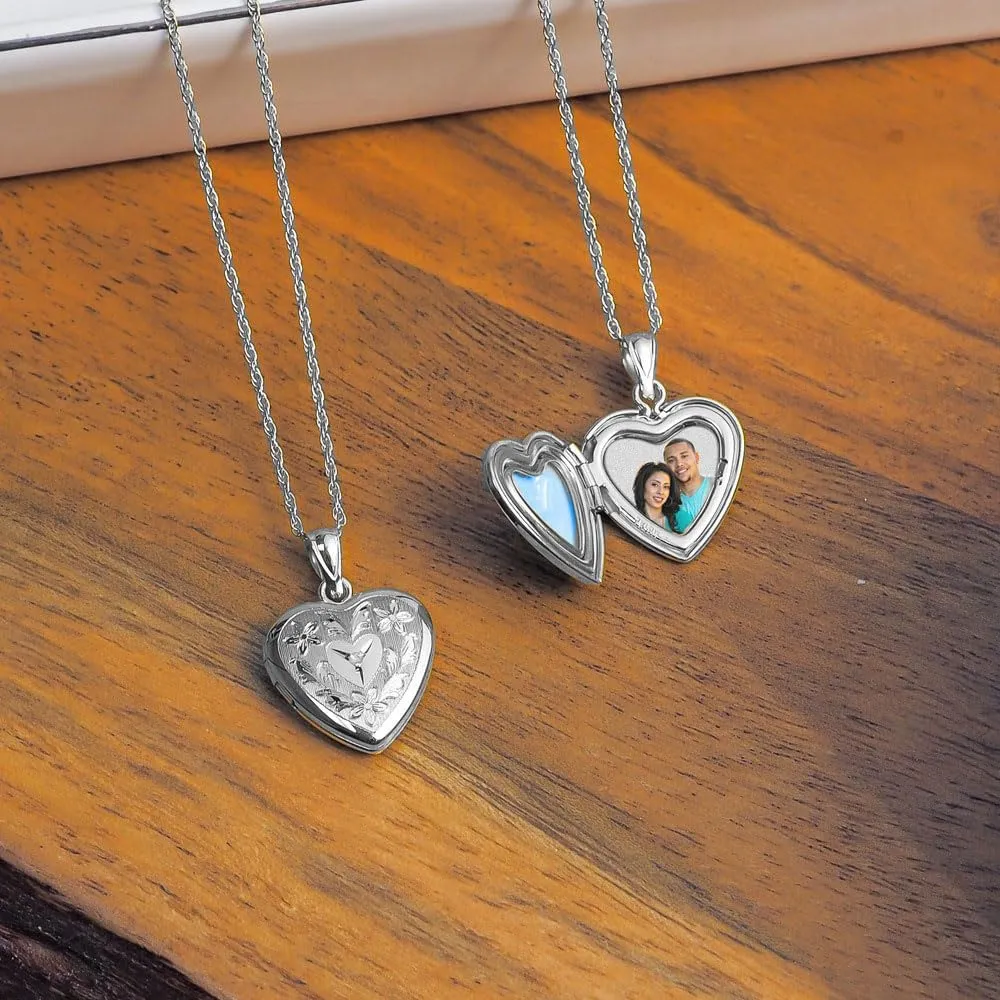 PicturesOnGold.com Sterling Silver Floral Heart Photo Locket with Diamond - 2/3 inch x 2/3 inch