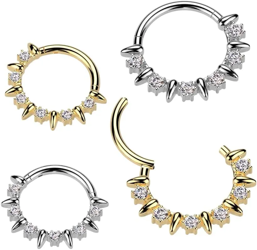 Pierced Owl 16GA 316L Stainless Steel CZ Crystal and Tiny Spike Lined Hinged Segment Clicker Ring