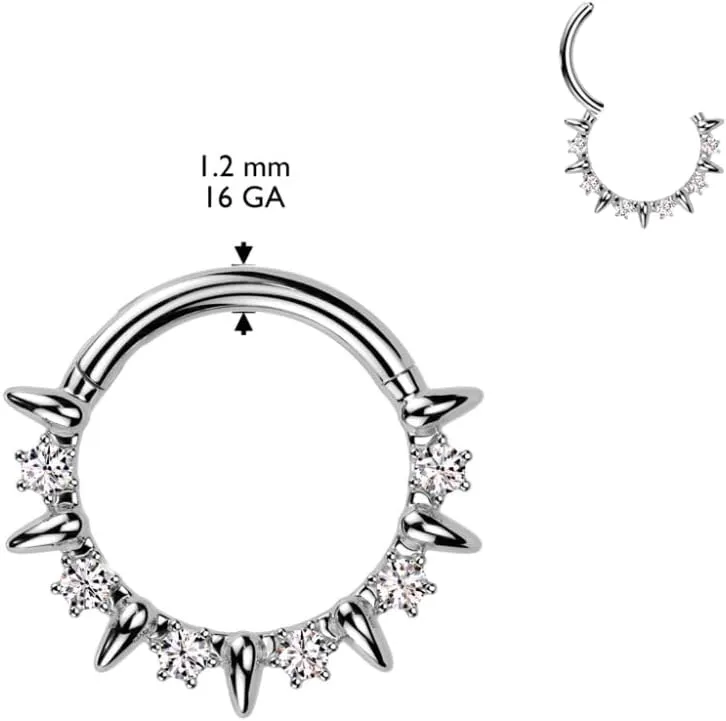 Pierced Owl 16GA 316L Stainless Steel CZ Crystal and Tiny Spike Lined Hinged Segment Clicker Ring
