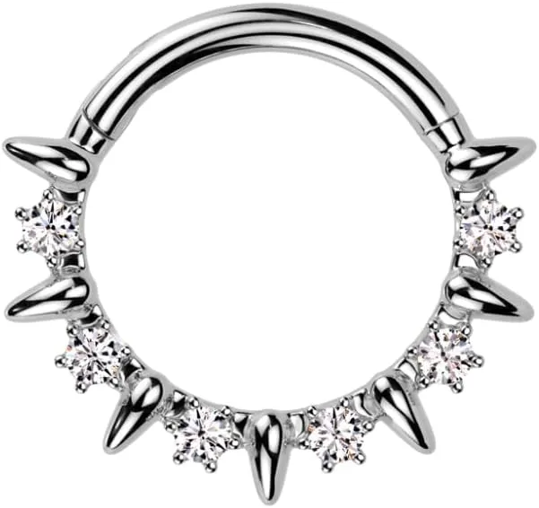 Pierced Owl 16GA 316L Stainless Steel CZ Crystal and Tiny Spike Lined Hinged Segment Clicker Ring