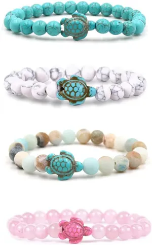 Pingyongchang 4pcs Sea Turtle Beads Bracelets Set,Elastic Natural Stone Stretch Lava Bracelet Anklet for Women Men,Supports the Sea Turtle Conservancy,Friendship Couple Turquoise Bracelets