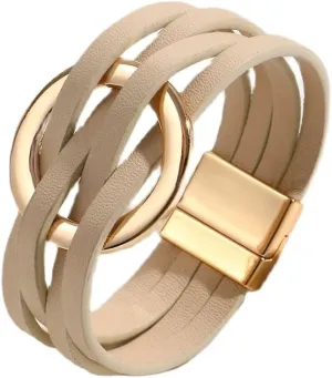 Pingyongchang Leather Wrap Bracelet Boho Handmade Circle Charm Layered Cuff Bracelets Multi-Layer Cuff Bangle for Women Men Gift Jewelry