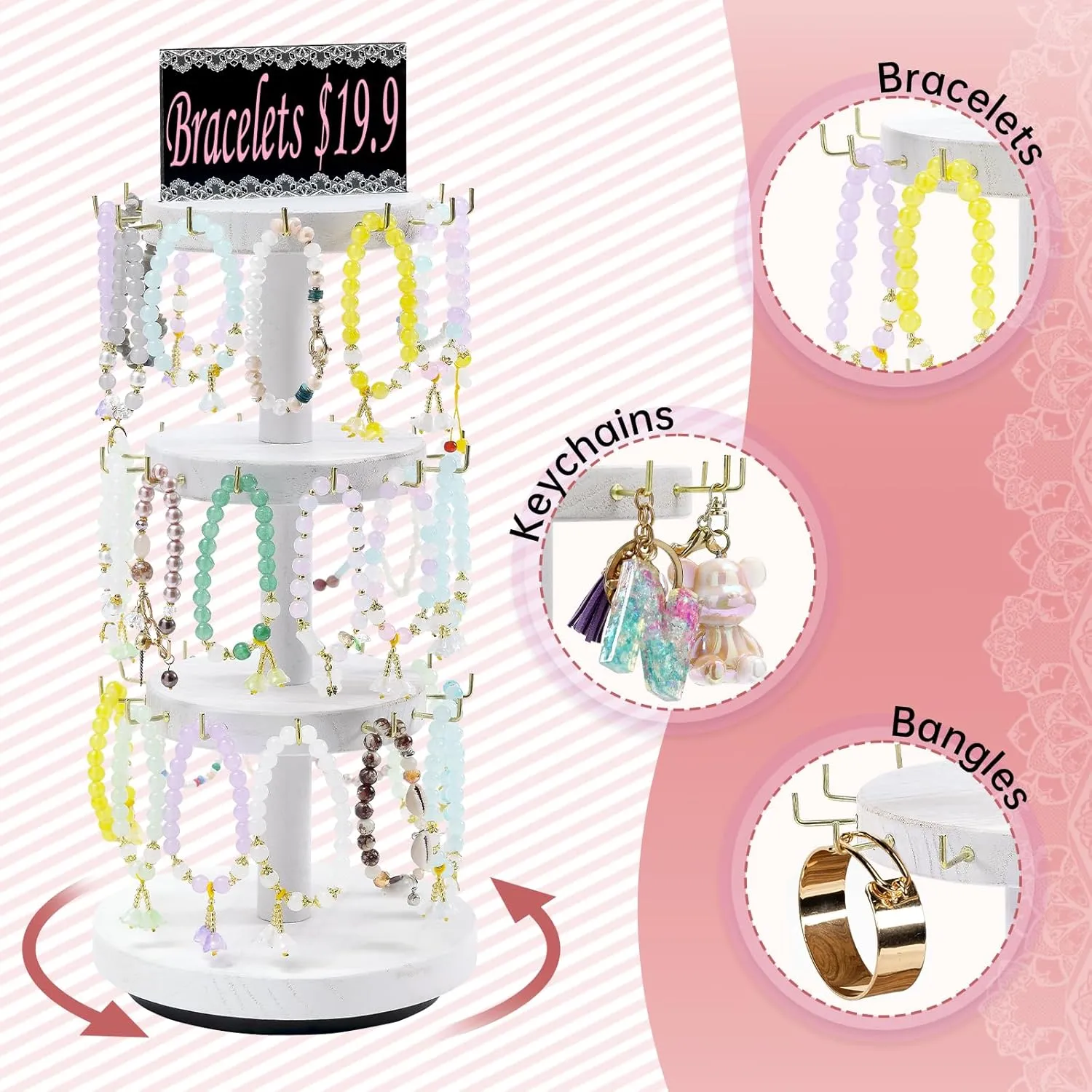 Pinzoveco Bracelet Holder, 3 Tier Wooden Rotating Bracelet Display Stand, Tree Stand Vendor Booth Display with Adversitsing Board, 36 Hooks for Bracelet, KeyChain Display Stand, White (Patent Pending)