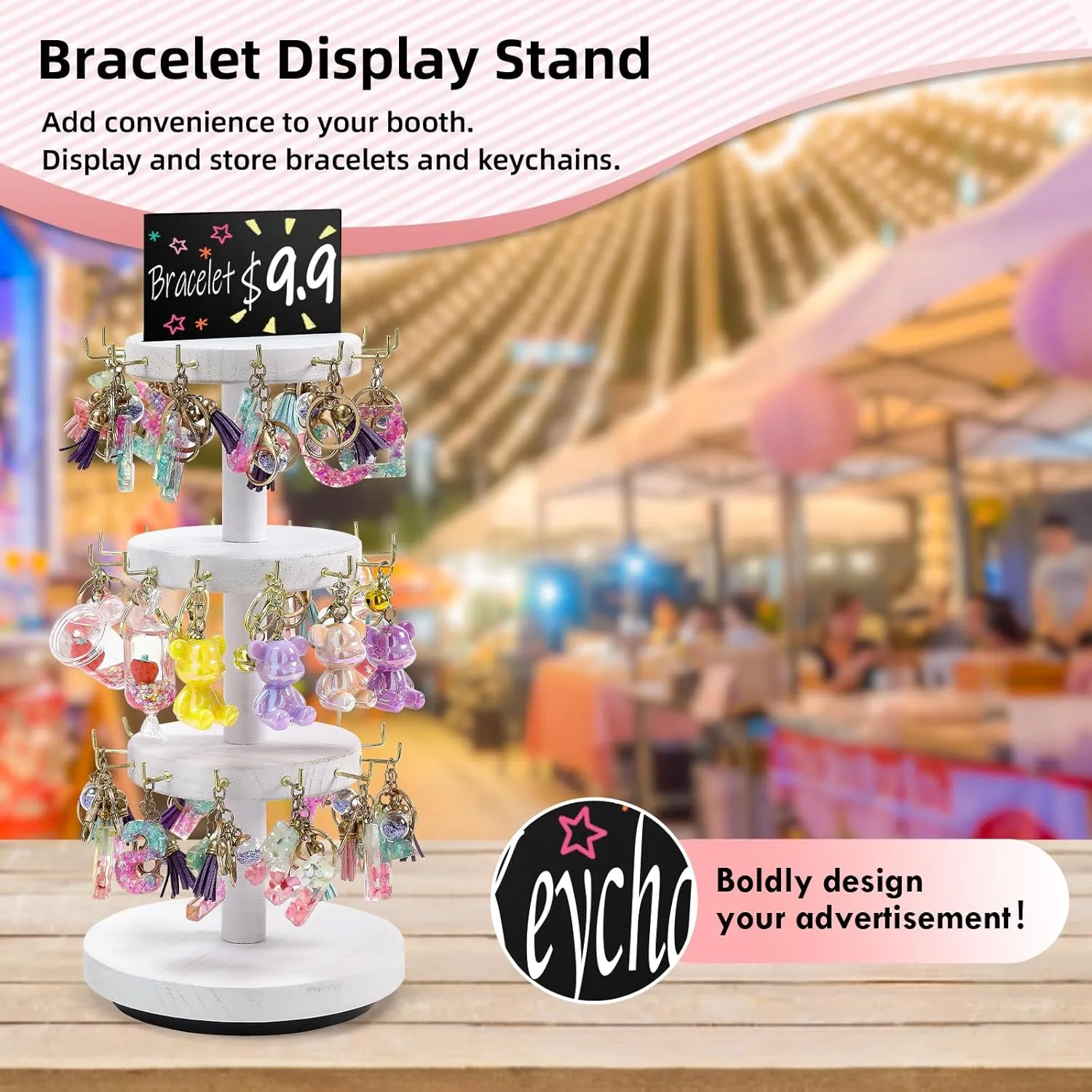 Pinzoveco Bracelet Holder, 3 Tier Wooden Rotating Bracelet Display Stand, Tree Stand Vendor Booth Display with Adversitsing Board, 36 Hooks for Bracelet, KeyChain Display Stand, White (Patent Pending)